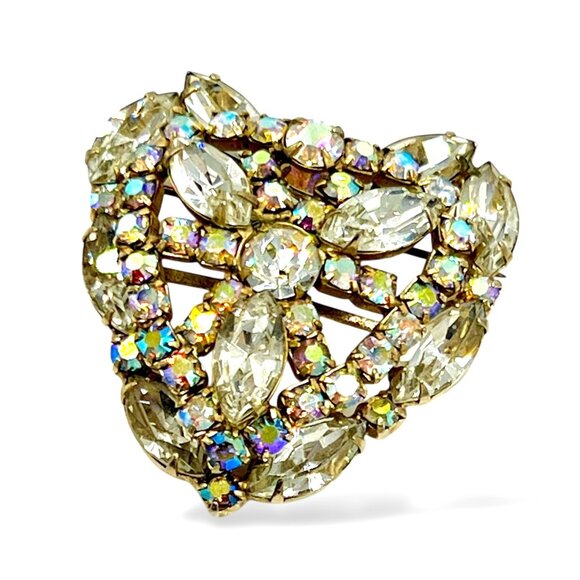 Large Vintage 1950s Heart Shaped Rhinestones Brooch Pin Layered - Picture 1 of 12